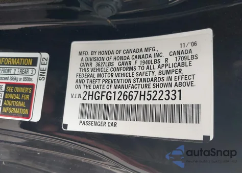 2007 Honda Civic Lx из США, поврежденный, VIN 2HGFG12667H522331